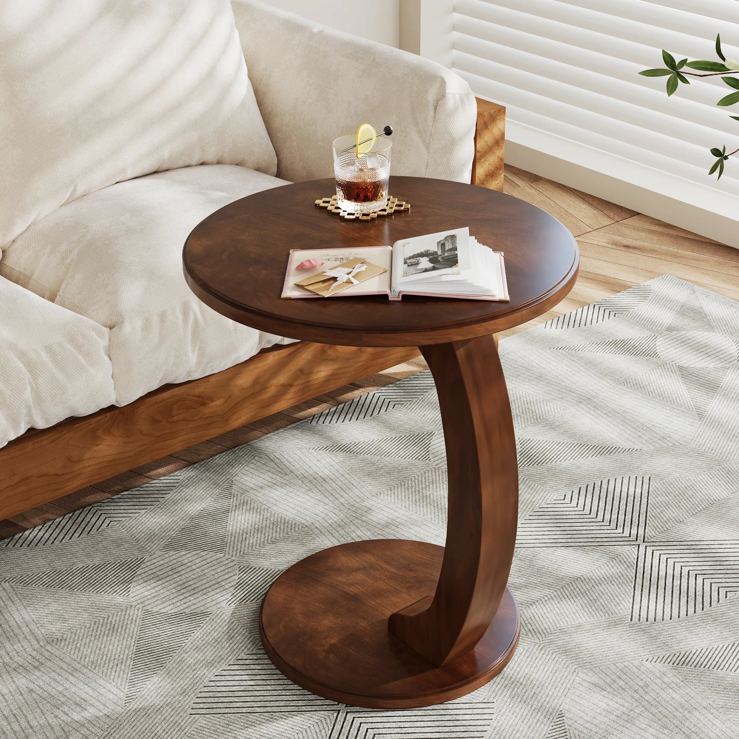 Round End Table, Wood C-Shaped Side Table