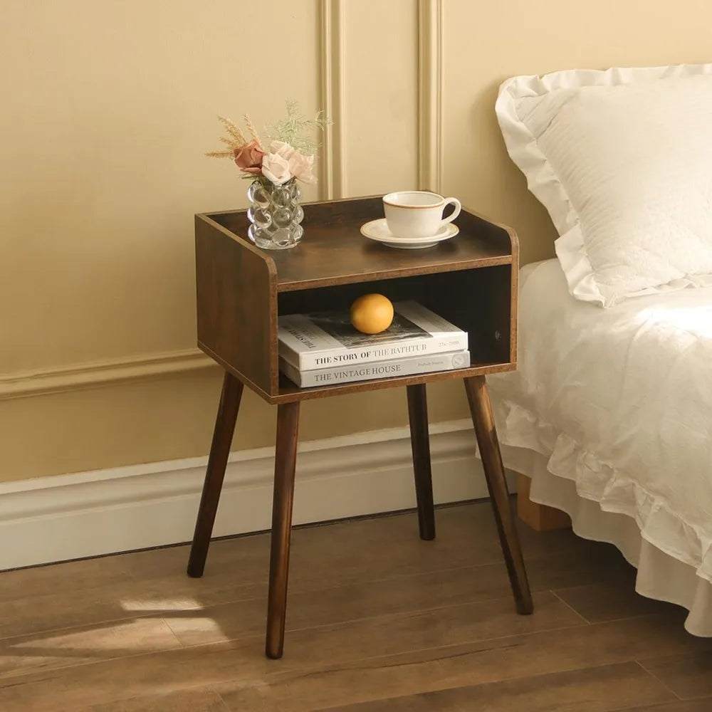 Modern Nightstand With Storage, Solid Wood Legs End Table