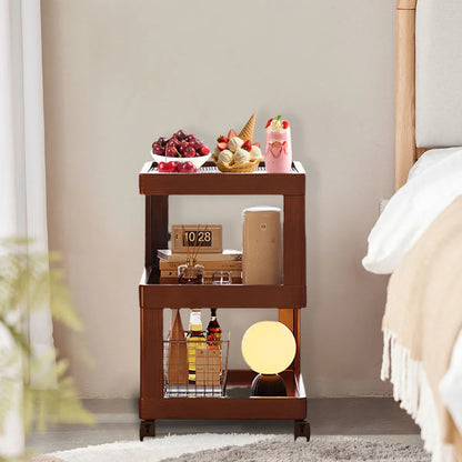 Geometric 3-Tier Bamboo Storage Side Table With Acrylic Surface & Wheels