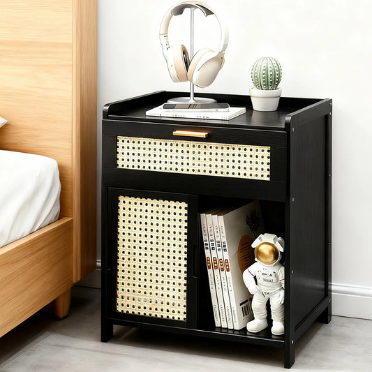 Bamboo Side Table Anti-Rattan Panels Woven Storage