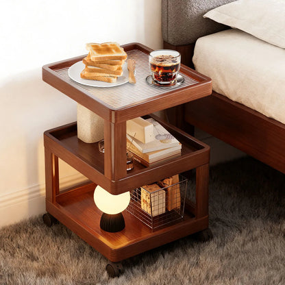 Geometric 3-Tier Bamboo Storage Side Table With Acrylic Surface & Wheels