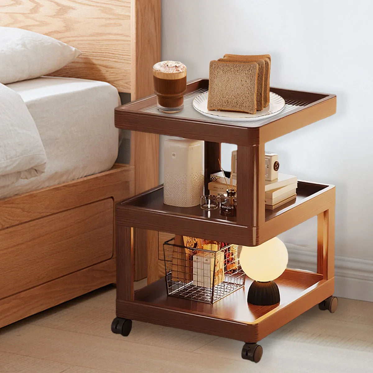 Geometric 3-Tier Bamboo Storage Side Table With Acrylic Surface & Wheels
