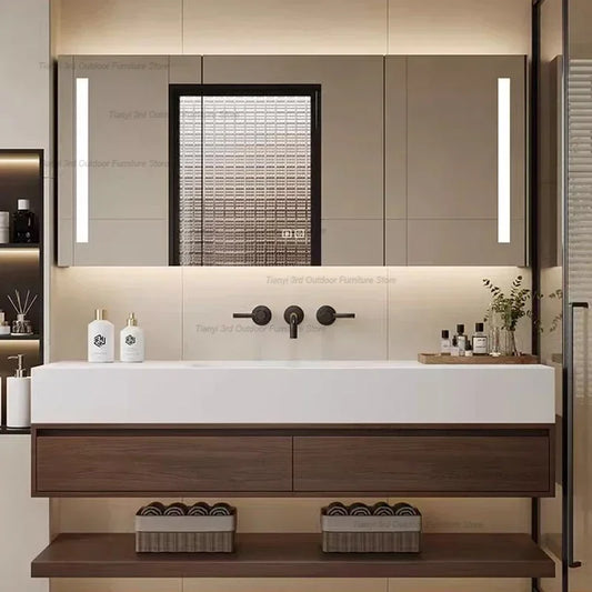 Vintage Log Smart Mirror Cabinet Vanity With Sink Large Capacity Storage