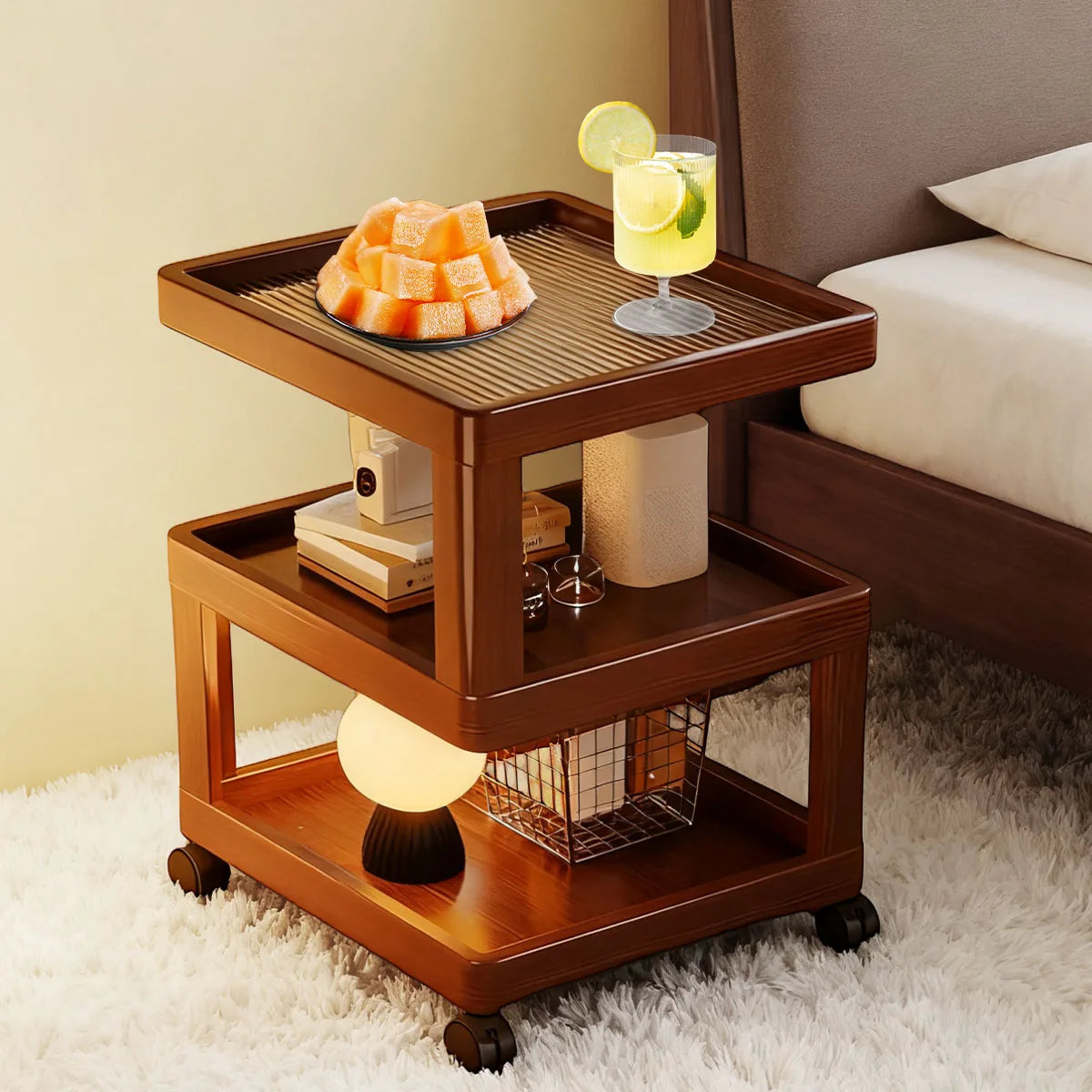 Geometric 3-Tier Bamboo Storage Side Table With Acrylic Surface & Wheels
